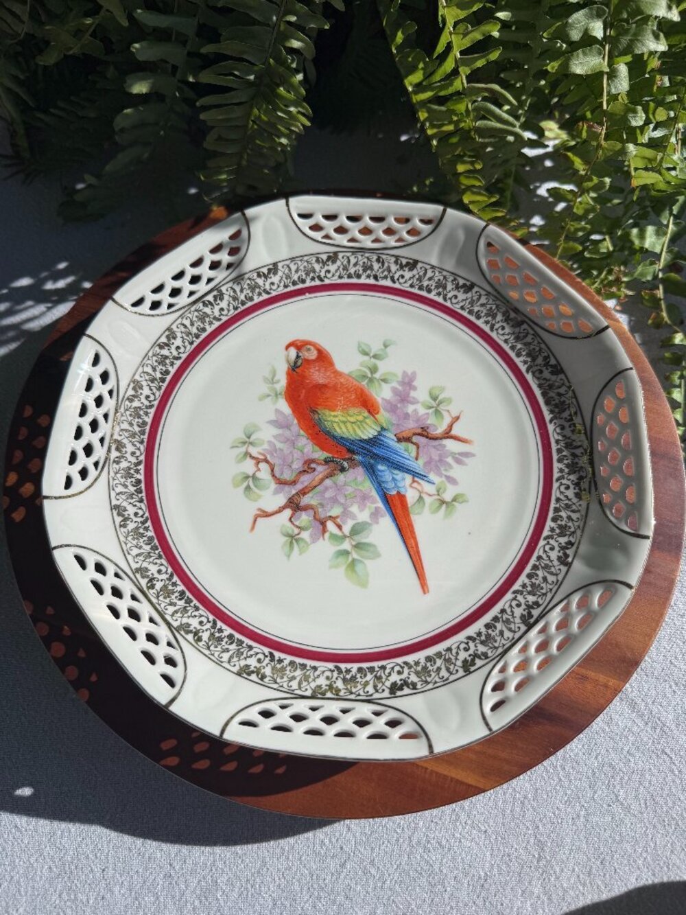 Vintage Schumann Arzberg Parrot Reticulated Plate Bavarian Pierced Porcelain